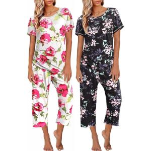 Ekouaer 2 Pack Womens Pajamas Sets Short Sleeve Tops and Capri Pants Pjs Colorful Printed Sleepwear Sets(Pink Flowers  Black Flowers)
