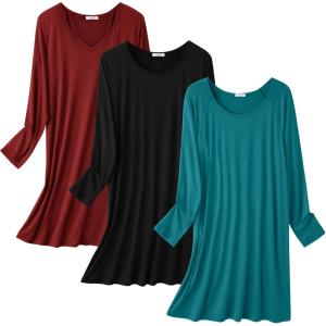 Ekouaer 3 Pack Women’s Nightgowns Long Sleeve Sleep Shirts Comfy Soft Nightshirt Women Pajama Sleep Dress Cute Sleepwear(Black blue Green wine Red)