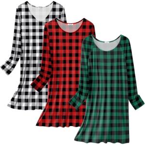 Ekouaer 3 Pack Women’s Nightgowns Long Sleeve Sleep Shirts Comfy Soft Nightshirt Women Pajama Sleep Dress Cute Sleepwear(Red Plaid green Plaid white Plaid)