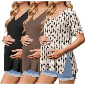 Ekouaer 3 Packs Women’s Maternity Shirts V Neck Pregnancy Tops Short Sleeve Casual Workout Tees Side Split Mama Clothes(Black / Brown / Black Spot(3pcs))