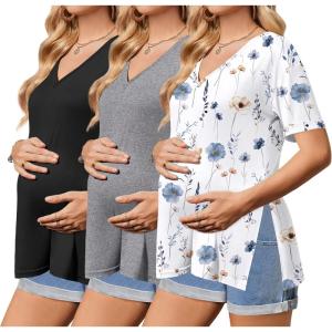 Ekouaer 3 Packs Women’s Maternity Shirts V Neck Pregnancy Tops Short Sleeve Casual Workout Tees Side Split Mama Clothes(Black / Grey / White Flower(3pcs))