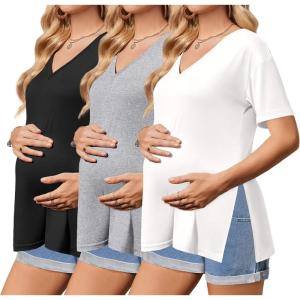 Ekouaer 3 Packs Women’s Maternity Shirts V Neck Pregnancy Tops Short Sleeve Casual Workout Tees Side Split Mama Clothes(Black / Light Grey / White(3pcs))