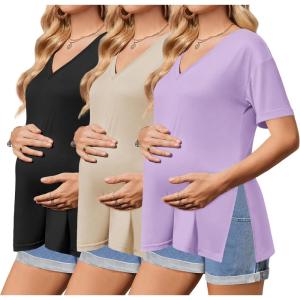 Ekouaer 3 Packs Women’s Maternity Shirts V Neck Pregnancy Tops Short Sleeve Casual Workout Tees Side Split Mama Clothes(Black / Light Khaki / Light Purple(3pcs))