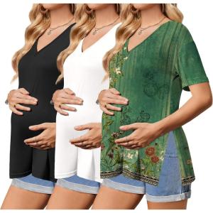 Ekouaer 3 Packs Women’s Maternity Shirts V Neck Pregnancy Tops Short Sleeve Casual Workout Tees Side Split Mama Clothes(Black / White / Green Flower(3pcs))