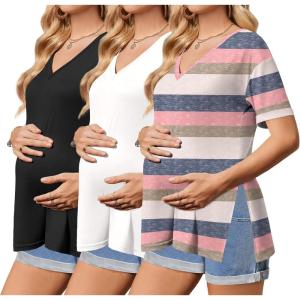 Ekouaer 3 Packs Women’s Maternity Shirts V Neck Pregnancy Tops Short Sleeve Casual Workout Tees Side Split Mama Clothes(Black / White / Stripe(3pcs))