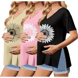 Ekouaer 3 Packs Women’s Maternity Shirts V Neck Pregnancy Tops Short Sleeve Casual Workout Tees Side Split Mama Clothes(Pink Sunflower / Khaki Sunflower / Black Sunflower(3pcs))