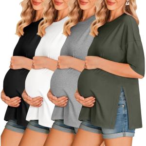 Ekouaer 4 Packs Women’s Maternity Shirts Short Sleeve Split Side Pregnancy Tee Tops Tunic Blouse Mama Clothes(4pcs Black / Brown / Grey / Army Green)