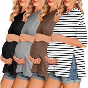 Ekouaer 4 Packs Women’s Maternity Shirts Short Sleeve Split Side Pregnancy Tee Tops Tunic Blouse Mama Clothes(4pcs Black / Brown / Grey / Stripe)