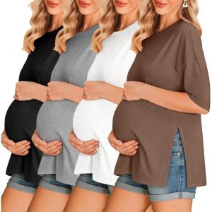 Ekouaer 4 Packs Women’s Maternity Shirts Short Sleeve Split Side Pregnancy Tee Tops Tunic Blouse Mama Clothes(4pcs Black / Brown / Grey / White)