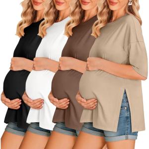 Ekouaer 4 Packs Women’s Maternity Shirts Short Sleeve Split Side Pregnancy Tee Tops Tunic Blouse Mama Clothes(4pcs Black / Brown / White / Khaki)