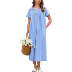 Ekouaer Cotton Nightgowns for Women Long Night Gown Short Sleeve Sleepdress Victorian Sleepwear Nightdress with Pockets(Light Blue)