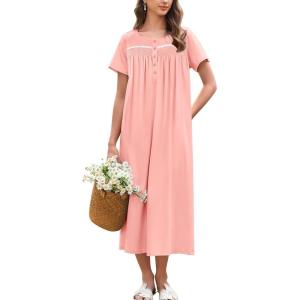Ekouaer Cotton Nightgowns for Women Long Night Gown Short Sleeve Sleepdress Victorian Sleepwear Nightdress with Pockets(Light Pink)