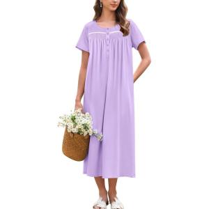Ekouaer Cotton Nightgowns for Women Long Night Gown Short Sleeve Sleepdress Victorian Sleepwear Nightdress with Pockets(Lilac Purple)