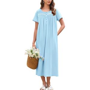 Ekouaer Cotton Nightgowns for Women Long Night Gown Short Sleeve Sleepdress Victorian Sleepwear Nightdress with Pockets(Mint Green)