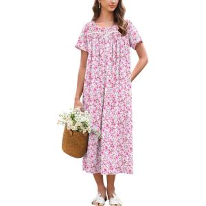 Ekouaer Cotton Nightgowns for Women Long Night Gown Short Sleeve Sleepdress Victorian Sleepwear Nightdress with Pockets(Pink Floral)