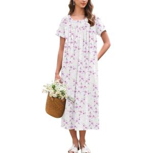 Ekouaer Cotton Nightgowns for Women Long Night Gown Short Sleeve Sleepdress Victorian Sleepwear Nightdress with Pockets(Pink Flowers)