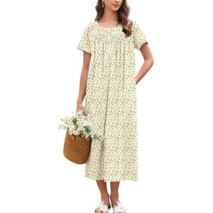Ekouaer Cotton Nightgowns for Women Long Night Gown Short Sleeve Sleepdress Victorian Sleepwear Nightdress with Pockets(Yellow Floral)