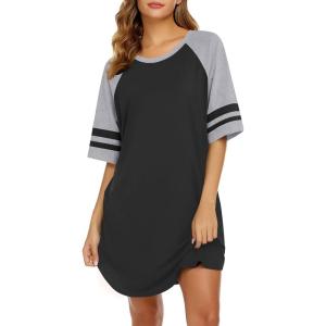 Ekouaer Cotton Nightgowns for Women Short Sleeve Sleep Shirts Crew Neck Night Shirts Soft Color Block Night Gown(Black)