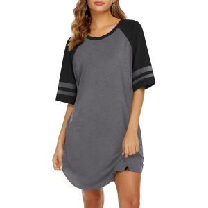 Ekouaer Cotton Nightgowns for Women Short Sleeve Sleep Shirts Crew Neck Night Shirts Soft Color Block Night Gown(Dark Grey)