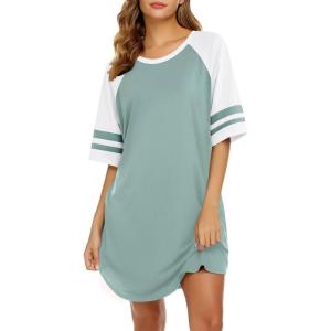 Ekouaer Cotton Nightgowns for Women Short Sleeve Sleep Shirts Crew Neck Night Shirts Soft Color Block Night Gown(Green)