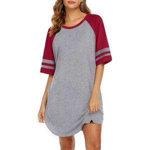 Ekouaer Cotton Nightgowns for Women Short Sleeve Sleep Shirts Crew Neck Night Shirts Soft Color Block Night Gown(Light Grey)