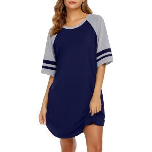 Ekouaer Cotton Nightgowns for Women Short Sleeve Sleep Shirts Crew Neck Night Shirts Soft Color Block Night Gown(Navy Blue)