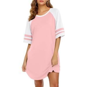 Ekouaer Cotton Nightgowns for Women Short Sleeve Sleep Shirts Crew Neck Night Shirts Soft Color Block Night Gown(Pink)