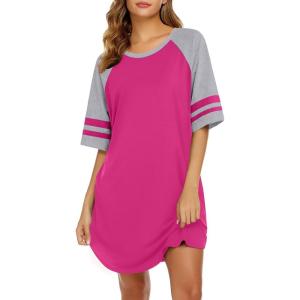 Ekouaer Cotton Nightgowns for Women Short Sleeve Sleep Shirts Crew Neck Night Shirts Soft Color Block Night Gown(Rose Red)