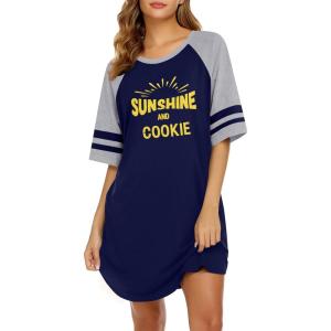 Ekouaer Cotton Nightgowns for Women Short Sleeve Sleep Shirts Crew Neck Night Shirts Soft Color Block Night Gown(Sunshine Blue)