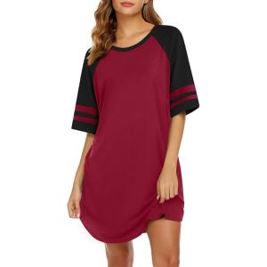 Ekouaer Cotton Nightgowns for Women Short Sleeve Sleep Shirts Crew Neck Night Shirts Soft Color Block Night Gown(Wine Red)