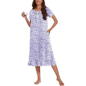 Ekouaer Cotton Nightgowns for Women Soft Long Button Night Gowns Comfy House Dress with Pockets Short Sleeve Sleepwear S-3XL(Blue Dot)