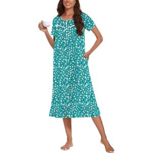 Ekouaer Cotton Nightgowns for Women Soft Long Button Night Gowns Comfy House Dress with Pockets Short Sleeve Sleepwear S-3XL(Green Florals)