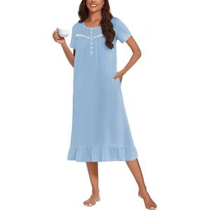 Ekouaer Cotton Nightgowns for Women Soft Long Button Night Gowns Comfy House Dress with Pockets Short Sleeve Sleepwear S-3XL(Light Blue)