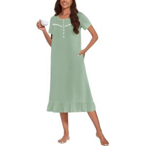 Ekouaer Cotton Nightgowns for Women Soft Long Button Night Gowns Comfy House Dress with Pockets Short Sleeve Sleepwear S-3XL(Light Green)