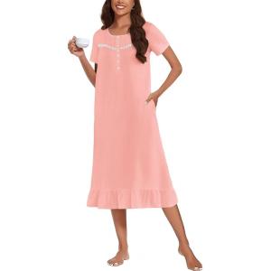 Ekouaer Cotton Nightgowns for Women Soft Long Button Night Gowns Comfy House Dress with Pockets Short Sleeve Sleepwear S-3XL(Light Pink)