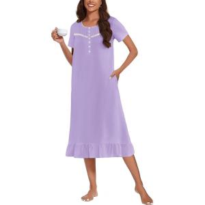 Ekouaer Cotton Nightgowns for Women Soft Long Button Night Gowns Comfy House Dress with Pockets Short Sleeve Sleepwear S-3XL(Lilac)