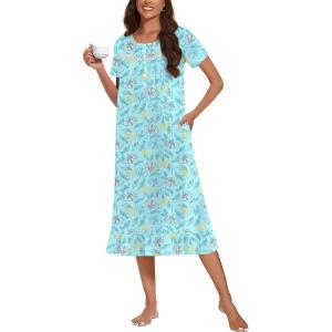 Ekouaer Cotton Nightgowns for Women Soft Long Button Night Gowns Comfy House Dress with Pockets Short Sleeve Sleepwear S-3XL(Line Flowers)