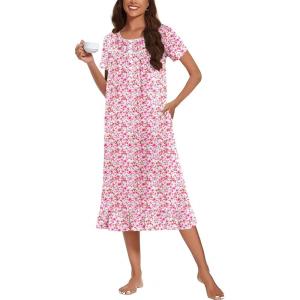 Ekouaer Cotton Nightgowns for Women Soft Long Button Night Gowns Comfy House Dress with Pockets Short Sleeve Sleepwear S-3XL(Pink Flower)