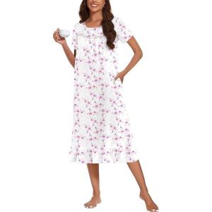 Ekouaer Cotton Nightgowns for Women Soft Long Button Night Gowns Comfy House Dress with Pockets Short Sleeve Sleepwear S-3XL(Pink Flowers)