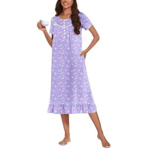Ekouaer Cotton Nightgowns for Women Soft Long Button Night Gowns Comfy House Dress with Pockets Short Sleeve Sleepwear S-3XL(Purple Florals)
