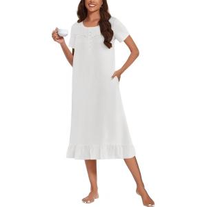 Ekouaer Cotton Nightgowns for Women Soft Long Button Night Gowns Comfy House Dress with Pockets Short Sleeve Sleepwear S-3XL(White)