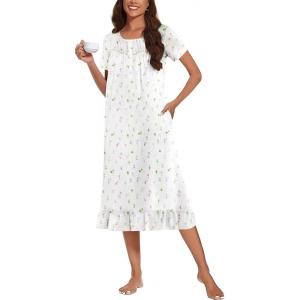 Ekouaer Cotton Nightgowns for Women Soft Long Button Night Gowns Comfy House Dress with Pockets Short Sleeve Sleepwear S-3XL(White Flowers)