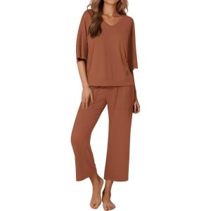 Ekouaer Lounge Sets for Women Comfy Pajamas Set 2 Piece Outfits Short Sleeve Tops and Wide Leg Pants with Large Pockets(Camel)