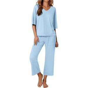 Ekouaer Lounge Sets for Women Comfy Pajamas Set 2 Piece Outfits Short Sleeve Tops and Wide Leg Pants with Large Pockets(Clear Blue)