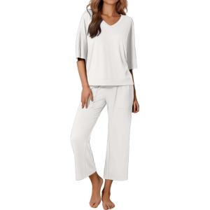 Ekouaer Lounge Sets for Women Comfy Pajamas Set 2 Piece Outfits Short Sleeve Tops and Wide Leg Pants with Large Pockets(Cream)