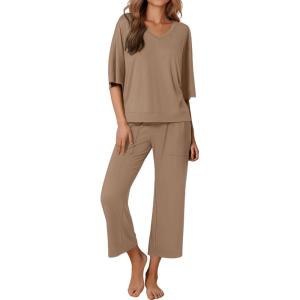Ekouaer Lounge Sets for Women Comfy Pajamas Set 2 Piece Outfits Short Sleeve Tops and Wide Leg Pants with Large Pockets(Khaki)
