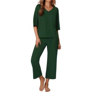 Ekouaer Lounge Sets for Women Comfy Pajamas Set 2 Piece Outfits Short Sleeve Tops and Wide Leg Pants with Large Pockets(Lake Green)
