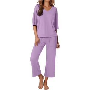 Ekouaer Lounge Sets for Women Comfy Pajamas Set 2 Piece Outfits Short Sleeve Tops and Wide Leg Pants with Large Pockets(Lilac)