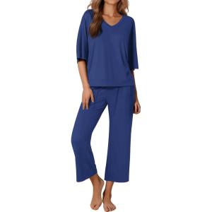 Ekouaer Lounge Sets for Women Comfy Pajamas Set 2 Piece Outfits Short Sleeve Tops and Wide Leg Pants with Large Pockets(Navy)