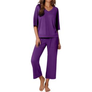 Ekouaer Lounge Sets for Women Comfy Pajamas Set 2 Piece Outfits Short Sleeve Tops and Wide Leg Pants with Large Pockets(Purple)